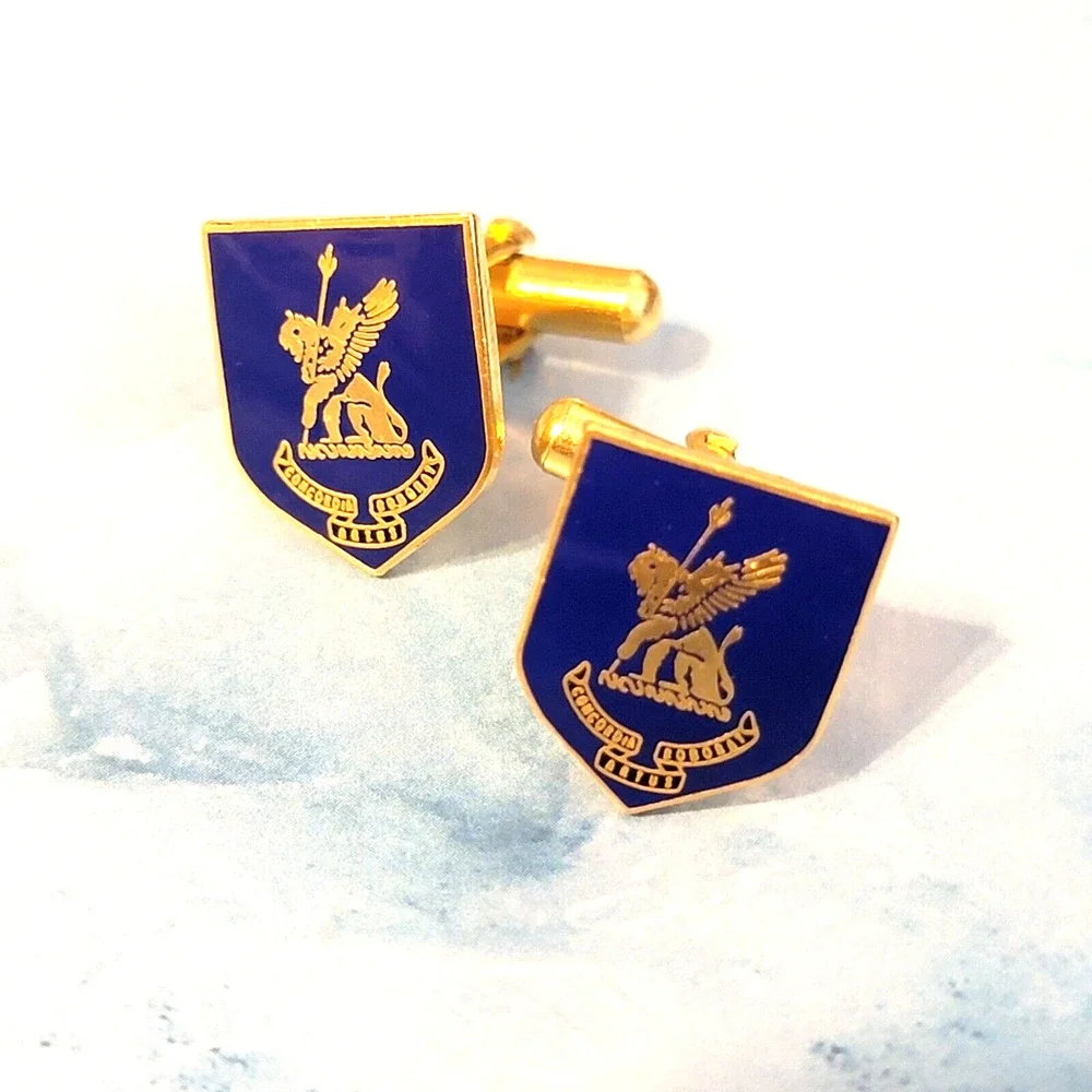 Vintage Heraldic Lion Blue Enamel Gold-tone Cufflinks London Badge & Button .75